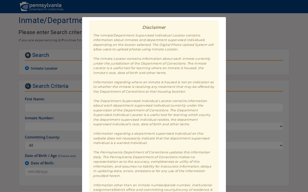 Wayne County arrest record follow-up in the PA DOC inmate locator