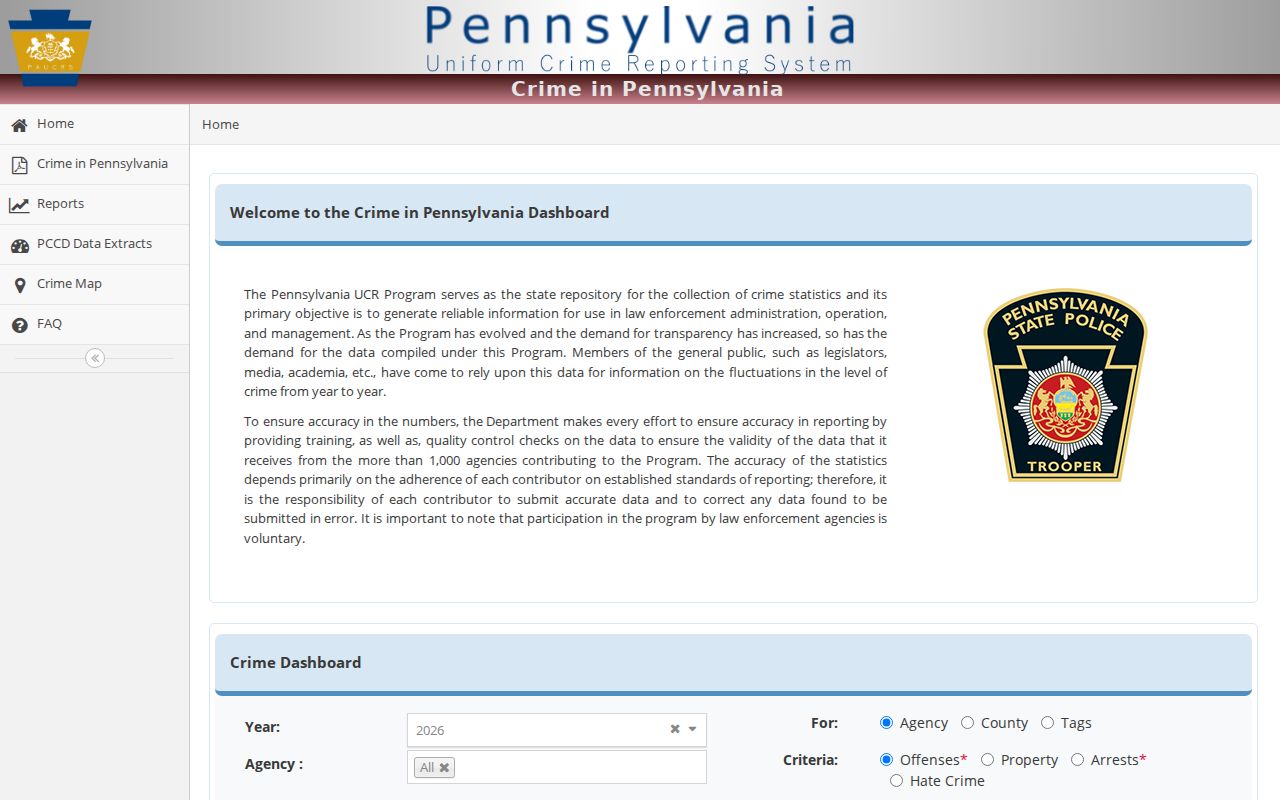 Wayne County criminal record statistics filters in the Pennsylvania UCR dashboard