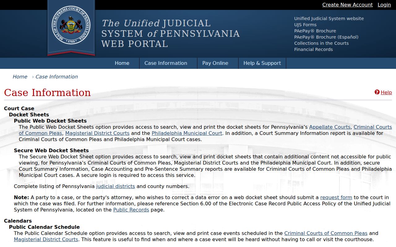 Wayne County criminal court record choices in the Pennsylvania UJS portal