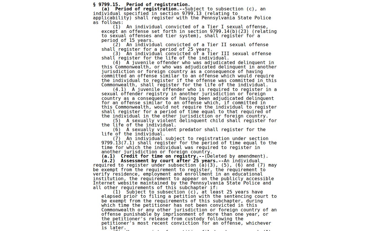 Pennsylvania duration law for Wayne County sex offender registration